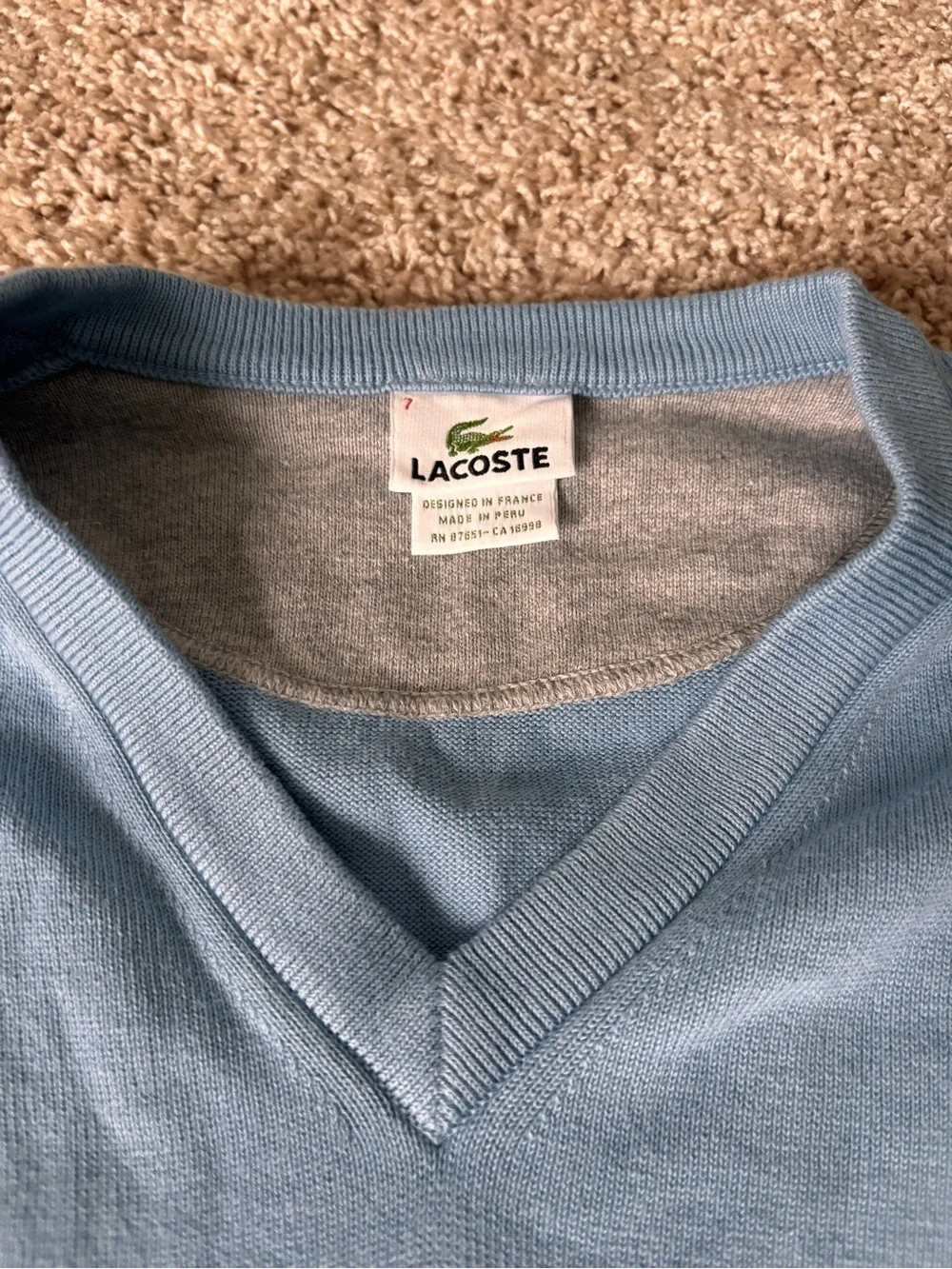 Lacoste Men's V-Neck Cotton Sweater – Light Blue Sz 7
